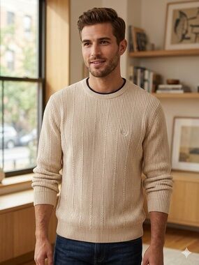 Chaps Men’s Cream Ribbed Cable Crewneck Sweater